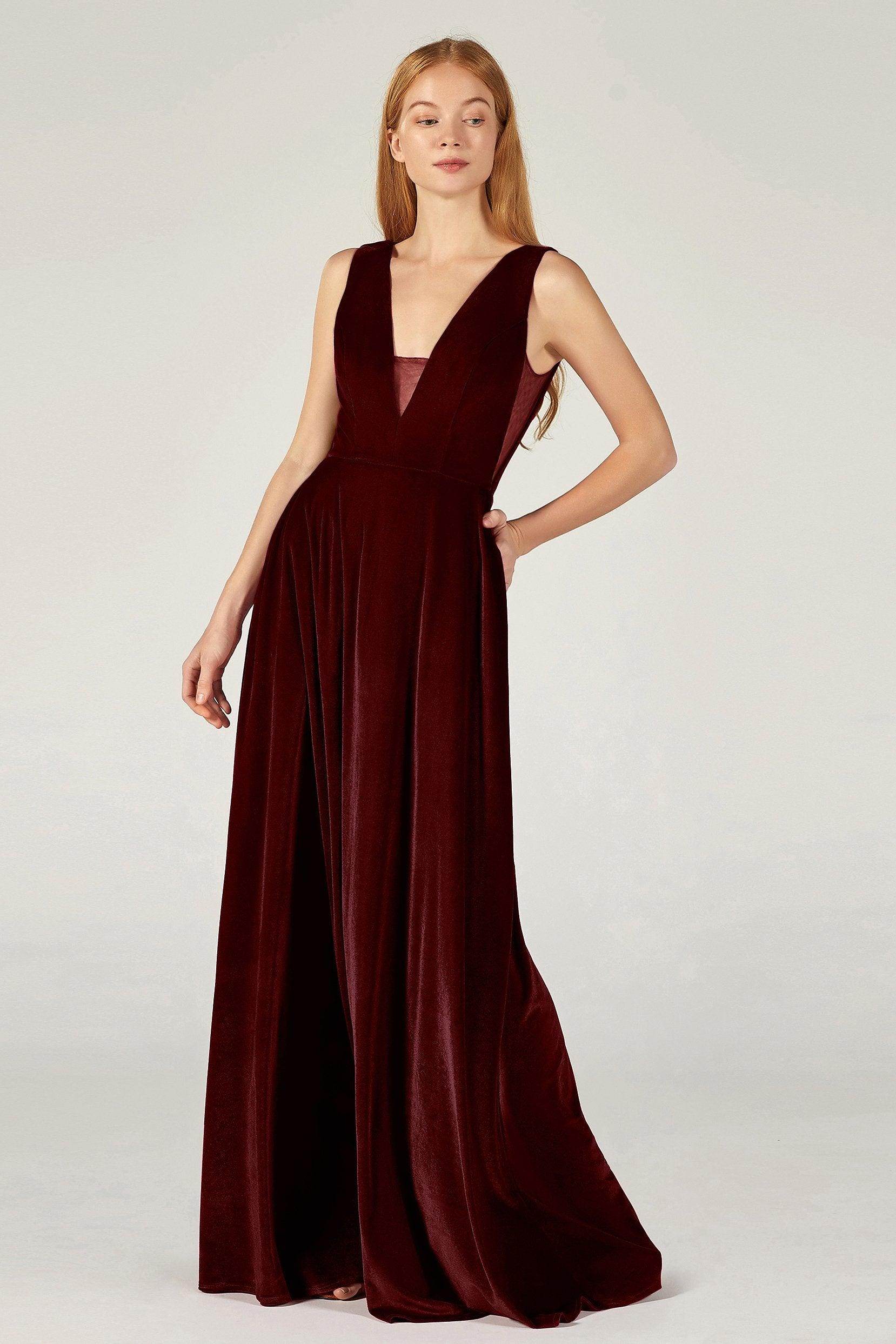 A-Line Floor Length Velvet Bridesmaid Dress CB0364 - Plum - COCOMELODY